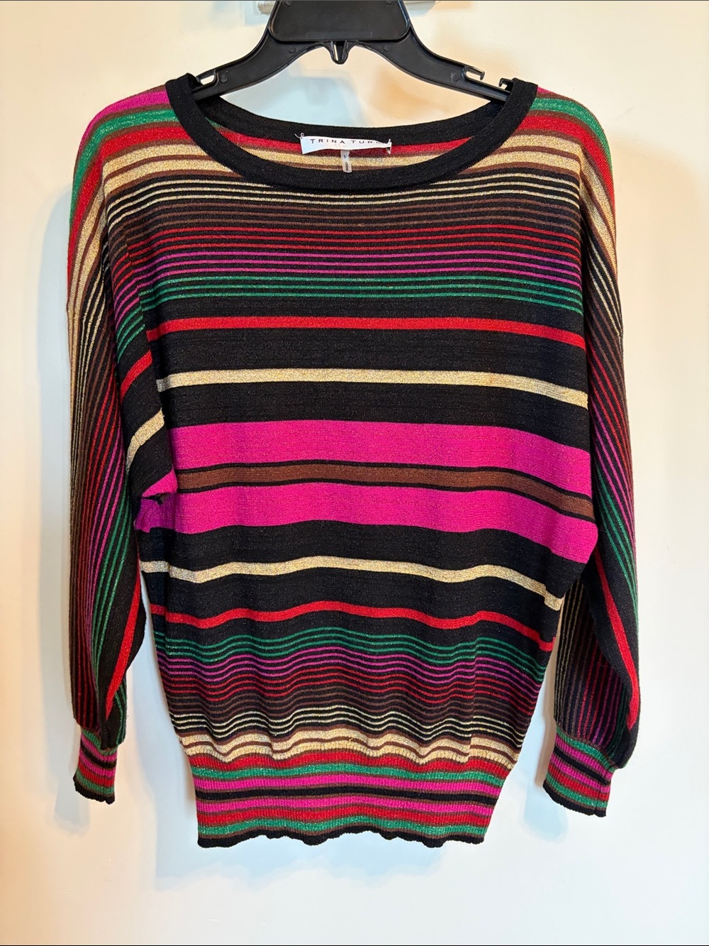 Trina Turk Wool Metallic Stripe Sweater M Multicolor Shimmer Crew Neck Holiday